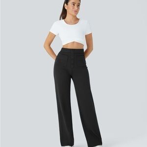 HALARA Black Wide-Leg Pants with Button Detail